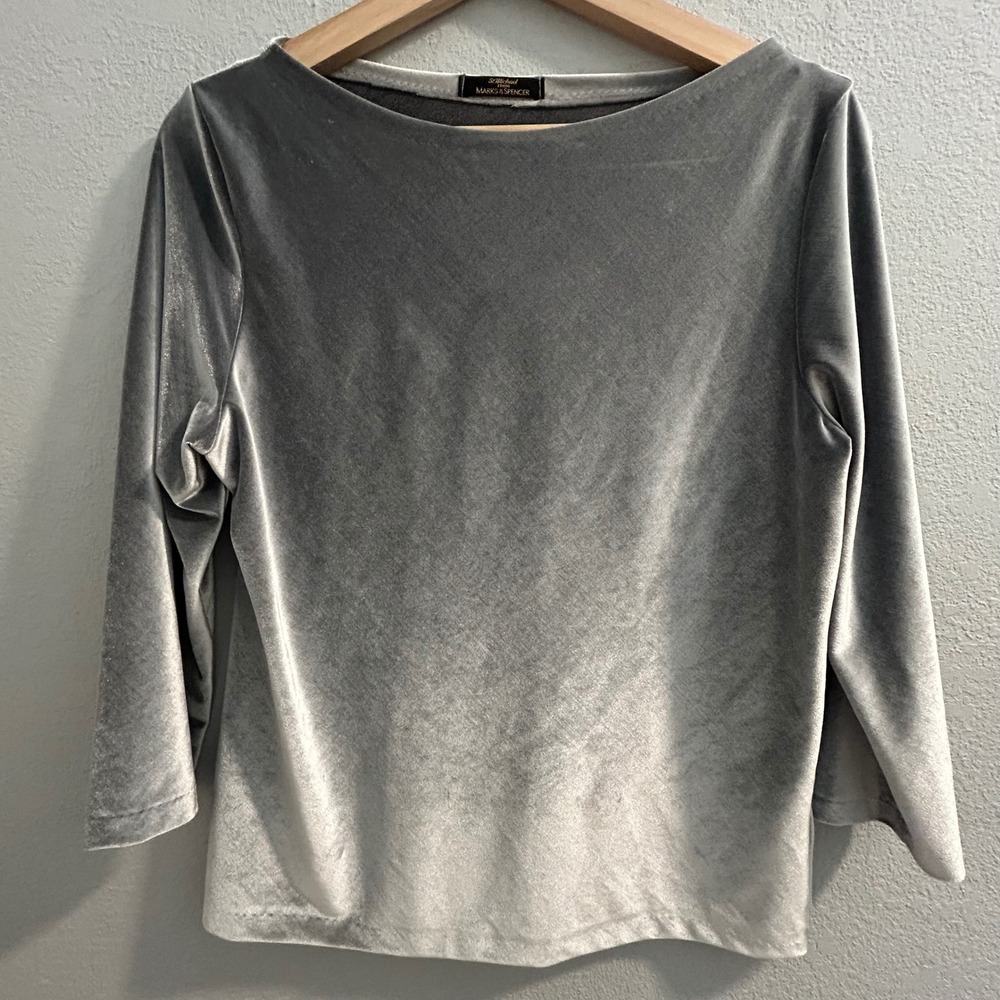 St Michael Marks & Spencer Silver Velvet 3/4 Sleeve Top UK 12 US 10 VTG
